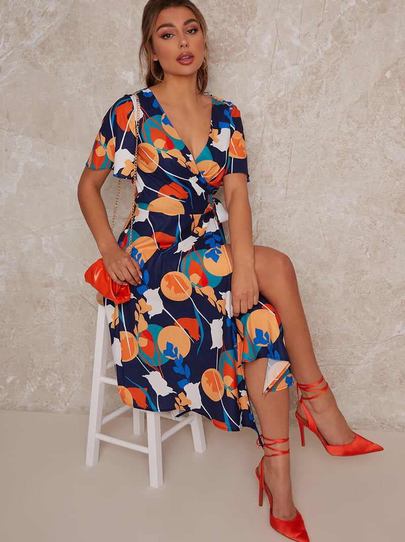 Abstract Print Midi Wrap Day Dress with Short Sleeves in Blue – Chi Chi  London